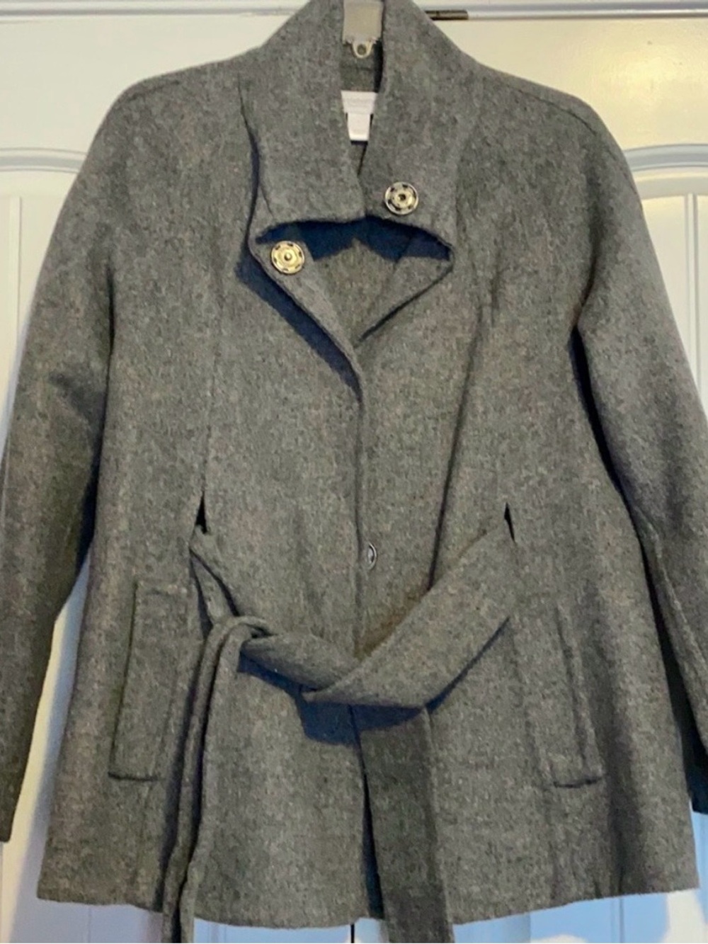 Liz Claiborne Gray Angora Wool Blend Belted Pea Coat Size Medium Soft